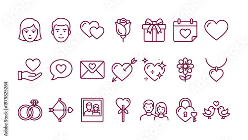 A set of love and romance line icons for Valentine's Day. Minimalist symbols for wedding, anniversary, and dating app design. Editable vector elements.