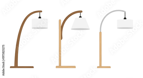 A set of modern arc floor lamps in a minimalist design. Vector illustration of wooden and metal lighting fixtures for interior design and home decor concepts.