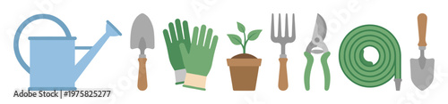 A set of vector gardening tools for planting and farming. Includes watering can, gloves, and shovel. Perfect for spring-themed designs, icons, or web graphics.