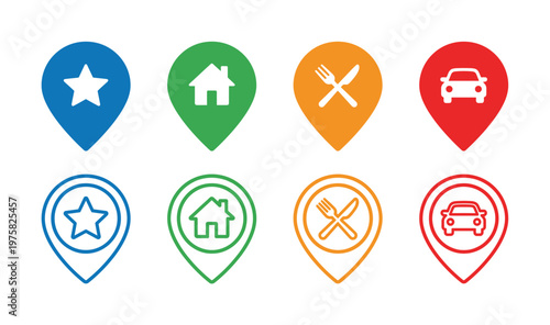 A set of colorful map location pins and GPS markers for navigation apps. Includes icons for home, food, car, and favorites in solid and outline styles.