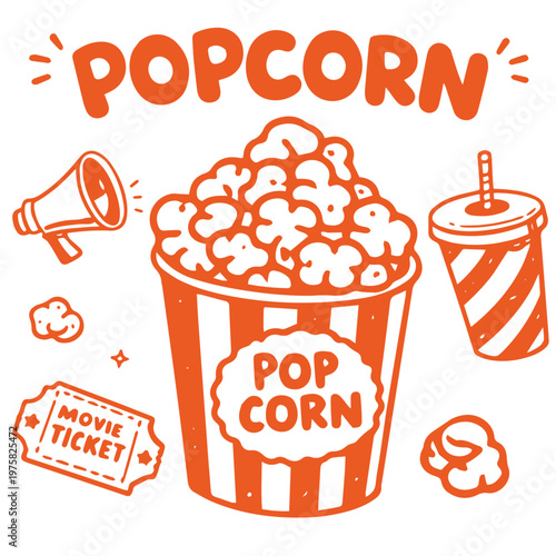 Popcorn cinema snack bucket with soda movie ticket illustration set
