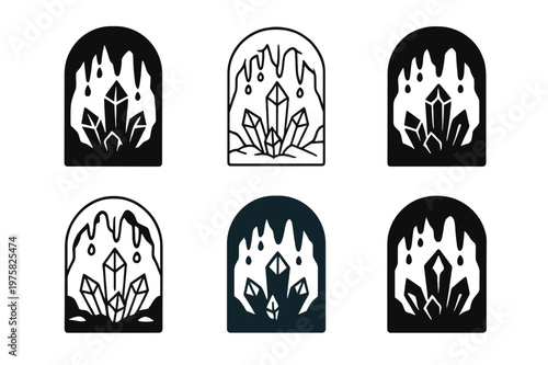 Mystical Landscape Icons. Mystical landscapes. Icon set. Set Logo of mystical landscapes: crystal cavern with glowing stalactites. harmonious logo variations