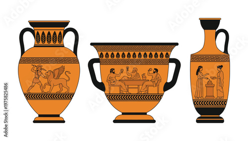 Set of ancient Greek vases with mythology scenes. Vector illustration of black-figure pottery for history, museum, or educational design projects.