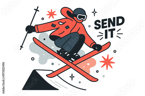 Freestyle Ski Jump. Freestyle Jump Off a Kicker. Skis cross mid-air, jacket flares, and stickers flutter like tiny flags. ?Send It? floats beside starburst