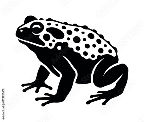 A stylized black and white vector icon of a spotted toad. This simple, graphic amphibian illustration is perfect for logos, nature emblems, and educational designs.
