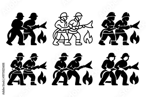 Emergency Services Logos. Police officers and first responders in action. Icon set. Set Logo of police officers and first responders in action: firefighters