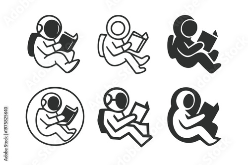 Sci-Fi Book Logos. Science fiction books. Icon set. Set Logo of sci-fi books: astronaut reading in zero gravity. harmonious logo variations of the same