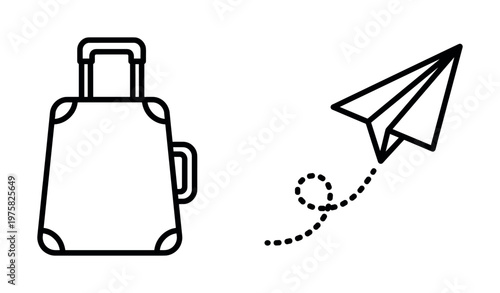 Minimalist line icons for travel and vacation. A suitcase and flying paper airplane symbol for tourism, journey, flight, and booking concepts. Vector illustration.