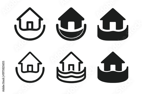 Weatherproof Home Icons. Building homes that can withstand extreme weather conditions. Icon set. Set Logo of building homes that can withstand extreme weather