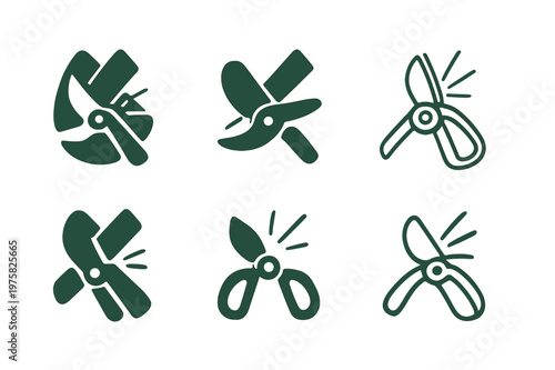 Gardening Tools Icons. Sharpening gardening tools. Icon set. Set Logo of sharpening gardening tools: garden secateurs being sharpened. harmonious
