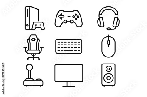 Gaming Setup Icons. gaming console display. Line icon set of gaming console display: gaming console, controller, headset, gaming chair, keyboard, mouse,