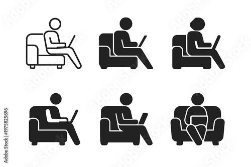 Laptop Couch Icons. Working with a laptop on the couch. Icon set. Set Logo of working with a laptop on the couch: person sitting comfortably with a laptop on a