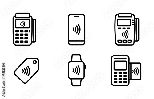 Set of black linear icons for contactless payment technology. Includes POS terminal, phone, and watch. For banking apps, finance websites, and e-commerce.