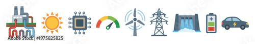 A set of flat vector icons representing renewable green energy, power, and technology. Includes solar, wind, hydro, electric car, and more. Perfect for infographics.