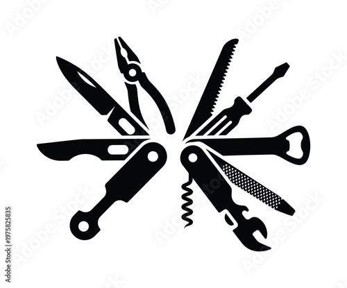 Black vector icon of a multitool with open tools. Versatile graphic symbolizing functionality, adaptability, and all-in-one solutions for any project or task.