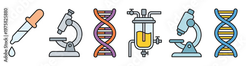 A collection of colorful science icons including a microscope, DNA, and lab equipment for biology or research projects. Vector illustration design set.