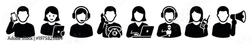 A set of black vector icons showing people using communication devices. Features customer service agents, reporters, and users with phones, laptops and megaphones.