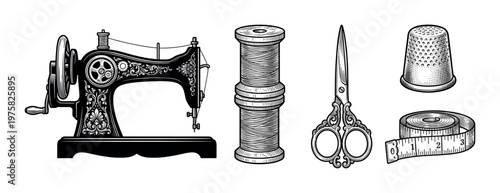 Set of vintage sewing tools: machine, thread, scissors, thimble, tape measure. Black and white engraving style vector illustration for crafts, tailoring, or haberdashery.