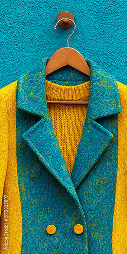 Bright blue coat with yellow sweater underneath on hanger — bold fashion statement