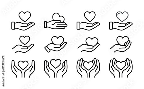 A set of minimal line icons showing hands holding a heart. Symbolizes charity, love, care, donation, and support. Perfect for health or nonprofit concepts.