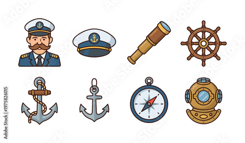 A nautical icon set with a ship captain, anchor, compass, and wheel. Vector illustrations for marine, travel, or adventure themes. Perfect for web and graphic design.
