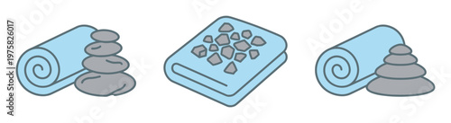 Set of spa therapy icons. Rolled towels with zen stones for relaxation and wellness. Vector illustration for beauty salon or massage therapy concepts.