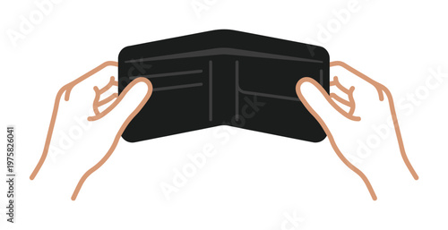 Vector illustration of hands holding an open empty wallet. Concept for broke, debt, poverty, no money, financial crisis, or recession. Minimalist flat design.