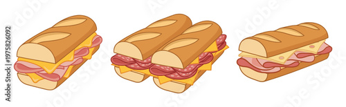 Collection of illustrated sub sandwiches in a baguette. Includes ham, salami, and cheese fillings. Vector graphic for a cafe menu or food delivery app.