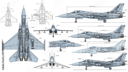 Detailed vector CAD drawings of fighter jet aircraft in various views and angles