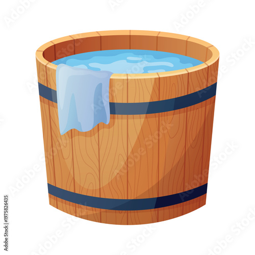 Wooden bath. Wood tub, cartoon rustic water bath barrel for public sauna traditional banya or onsen japanese hot spring, wellness relaxing bathtub basin neat vector illustration of tub bath wooden