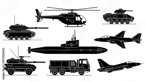 Military vehicles and aircraft in vector CAD designs on paper