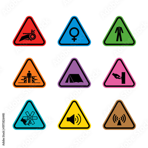 Triangular caution sign collection with machinery, loudspeaker, wireless signal, protective clothing, and campsite warning symbols in colorful vector style