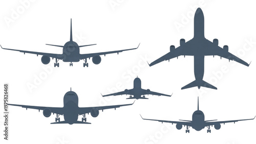 Vector CAD illustrations of airplanes in various positions and angles flying