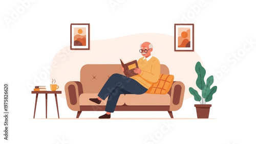 senior man reading book at home