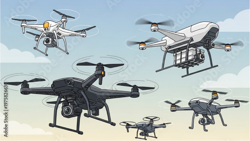 Vector CAD illustration of drones flying in the sky with various designs
