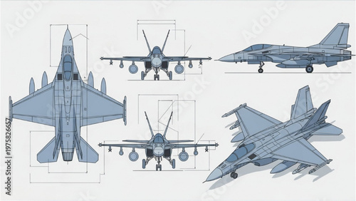 Vector CAD designs showcase a fighter jet from various angles and in technical drawings.