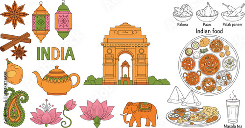 India culture and traditional food vector illustration set with spices, landmarks, elephant, lotus and Indian cuisine elements collection