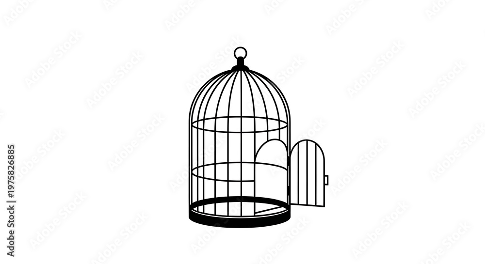 Fototapeta premium An open birdcage symbolizing freedom and escape from confinement, representing opportunities and the ability to soar