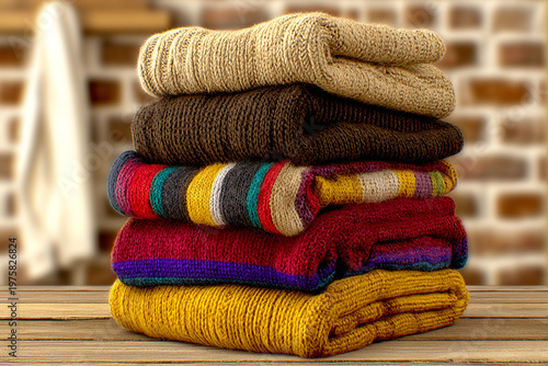 Stack of folded knit sweaters in warm colours — cozy home wardrobe scene