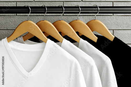 Row of white t-shirts on wooden hangers — clean fashion display