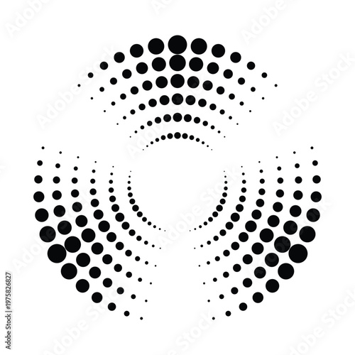 Halftone dotted speed lines circle. Geometric art in circle form. Round swirl movement symbol. Halftone circular dotted frame. Vector design element
