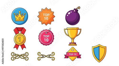 Set of various award icons, badges, and symbols including crowns, medals, trophies, and shields