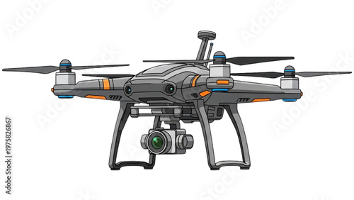 A vector CAD illustration of a modern drone with camera equipment flying outdoors