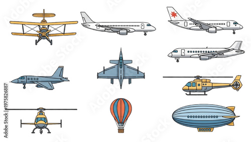 Various vector CAD aircraft models flying in the sky