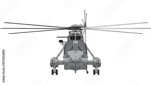 A vector CAD illustration of a helicopter viewed from the front on a plain background
