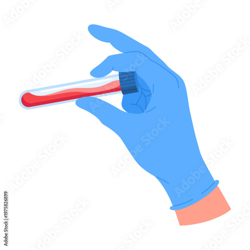 Hand of lab worker wearing medical glove holding blood sample in test tube. Laboratory analysis. Diagnostic examination. Glass flask in doctor arm palm. Bloody