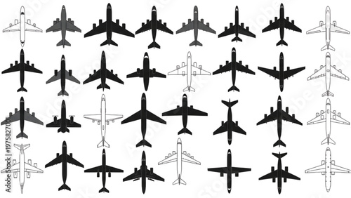 Various vector CAD airplane designs in different silhouettes and views