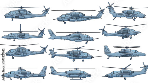 Vector CAD designs of various helicopters in different orientations