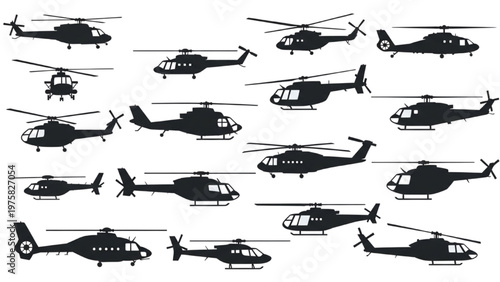 Vector CAD designs of various helicopter models in flight