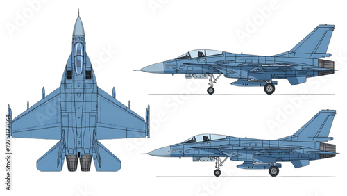 Vector CAD designs of a fighter jet in various angles and planes